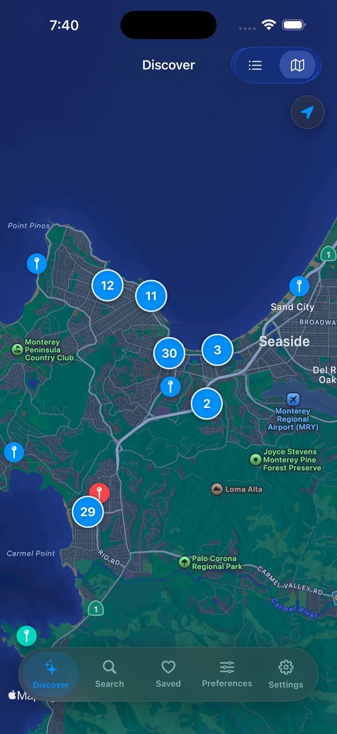 Map view with clustered event pins across the Monterey Peninsula